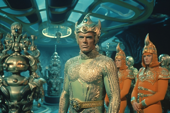 Not two-fisted Doug McClure in Atlantean armour with Atlantean soldiers behind him along with strange idols