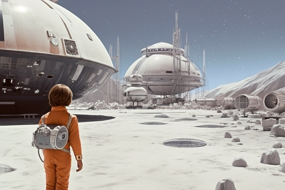 A young boy in orange with a backpack stands in an icy landscape looking towards a deserted space base