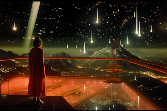 A woman stands on a glass platform above a city at night as a shower of meteors rains vertically upon it