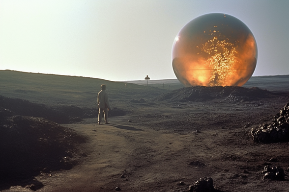 A lone figure in an empty landscape looks at a spherical bubble containing an explosion