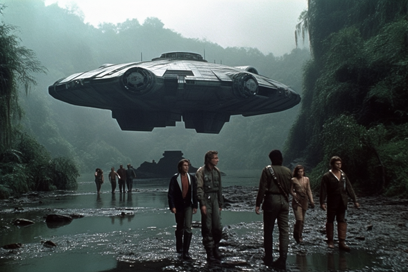 Two groups of people in a forested canyon underneath a hovering Cylon fighter