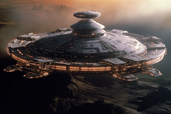 A basestar hovering over a mountain range
