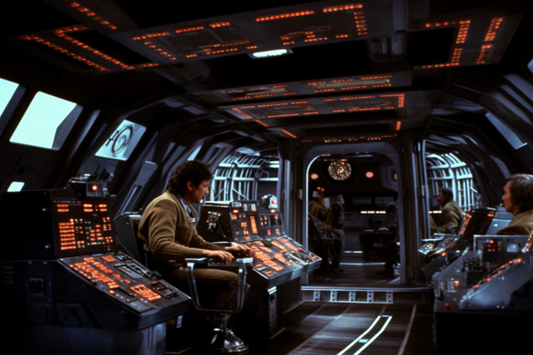 View inside a small transport with lots of glowing buttons on the control panels