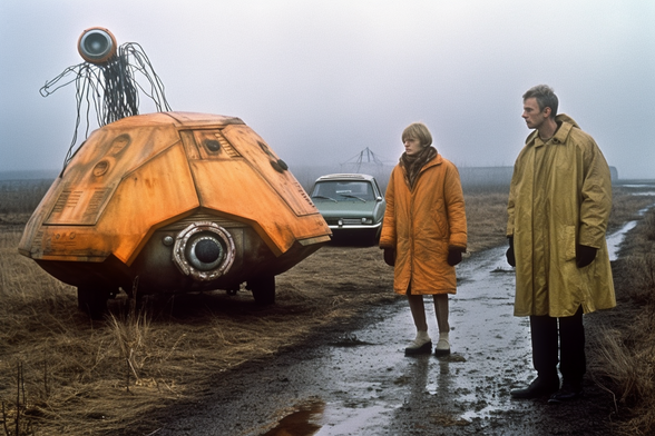 Two people in dirty raincoats stand in a muddy road looking at an odd orange vehicle or robot which has been abandoned