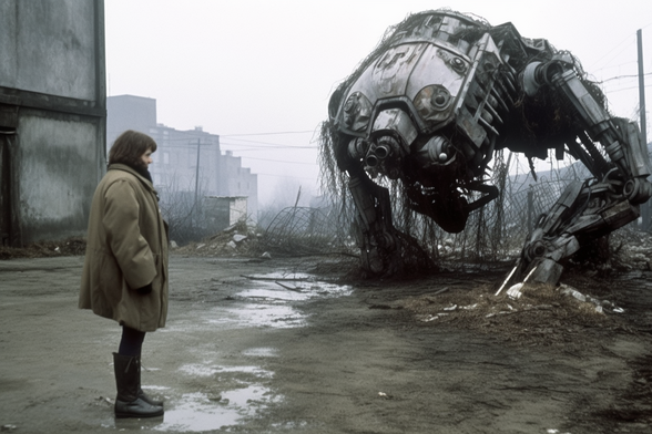 A person in a thick coat stands in an industrial area looking at a broken-down mecha