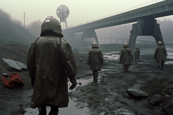 People in NBC gear file through a muddy gully which winds under a bridge with a radar dish on it