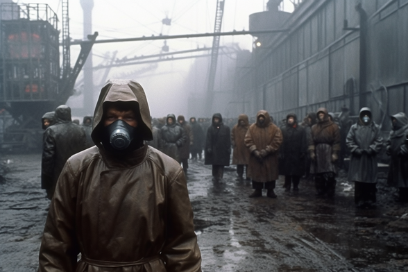 A person in a gas mask in front of a crowd of people also in gas masks in ront of a factory on a foggy, muddy day