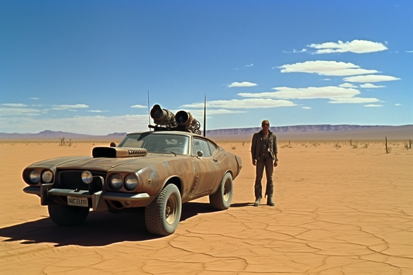 A man in leathers stands next to a modified Pursuit Special on a baked lakebed