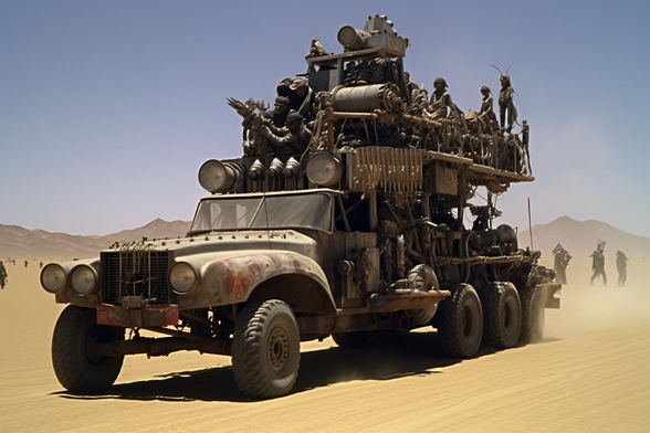 A six-wheeled flatbed truck with two levels, much strange equipment and warriors