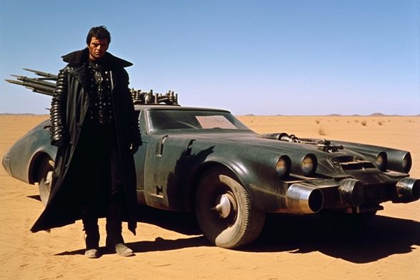 A serious man in leathers stands next to a streamlined black car of unknown design, in the desert