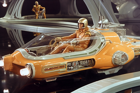Buck in an orange one-person space vehicle about to depart the space station