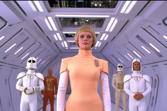 A very serious woman in orange and a blonde bob stands in a space corridor with space guards backing her up