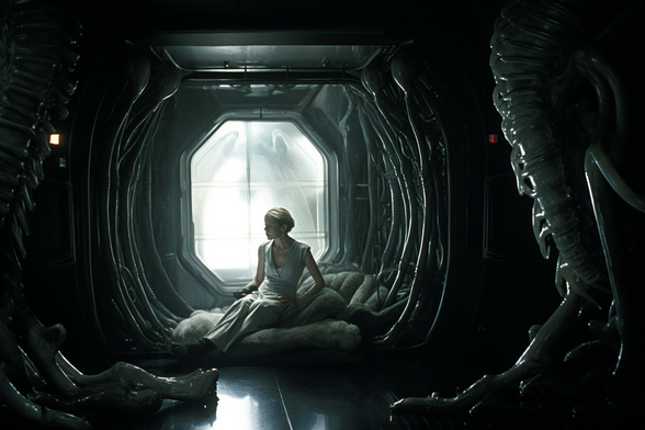 A woman is waking up in a makeshift sleeping area. She doesn’t seem to have noticed the large alien limbs(?) in the corners of the room