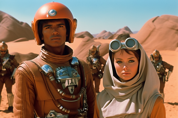 A man in space armour and a woman in a hood with integrated goggles stand in the desert in front of several armoured warriors