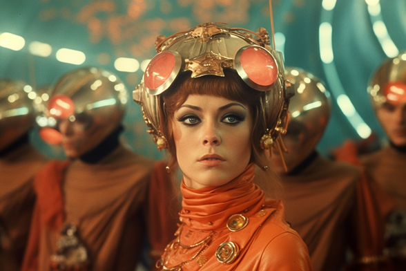A space general turns her head. She is standing in front of a rank of space warriors