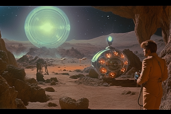 A star or explosion or spherical starship blooms over the horizon as seen from a small base