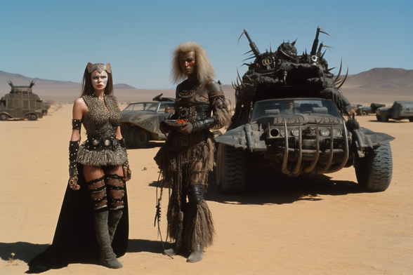 Two gothic wasteland denizens in front of their sweet ride