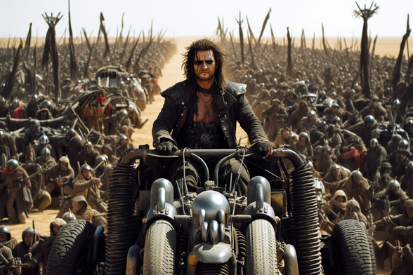 A gothic warlord on a custom road vehicle taking the acclaim of his army of wasteland denizens