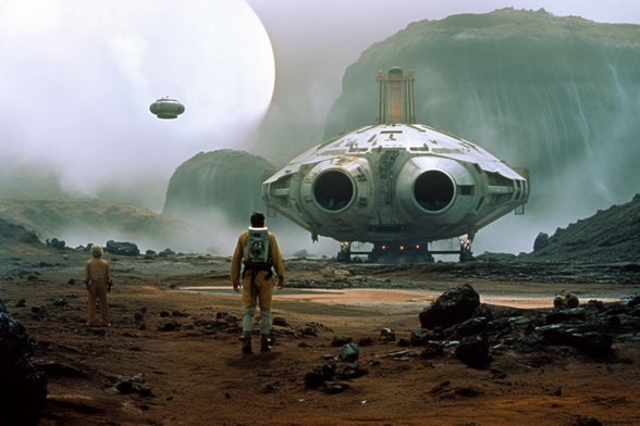 Spacefarers stand watching as a spacecraft comes in to land next their own