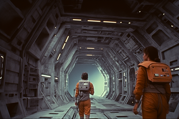 Spacefarers explore a very large spaceship corridor