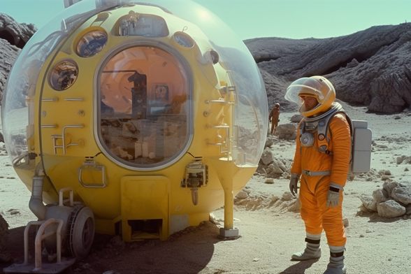 An astronaut stands next to a yellow one-person pod