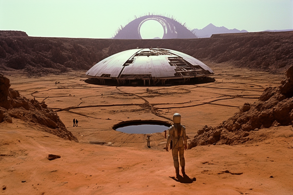 An astronaut looks out over a large crater in which can be seen a partially-disassembled flying saucer