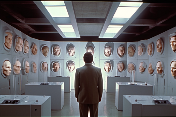 A man stands in a hi tech room which has large models or casts of human faces arrayed on the walls