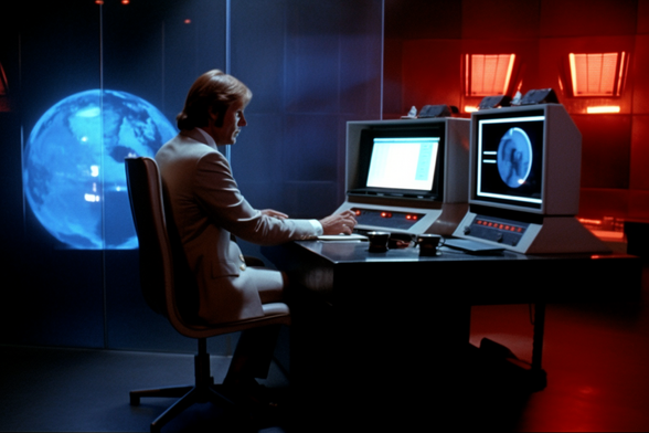 A man sits at a twin-display computer terminal. There is a hologram of the Earth behind him