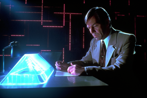 A man sits at a desk in a darkened room. There is a glowing roof-shaped opject on the desk, and glowing red dotted lines on the wall behind him