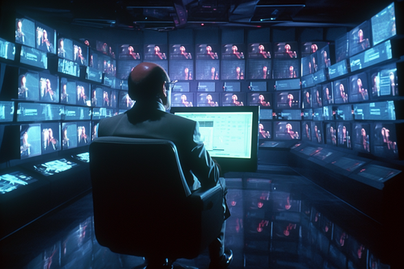 A balding man sits at a flatscreen in a room which has computer screens covering the walls