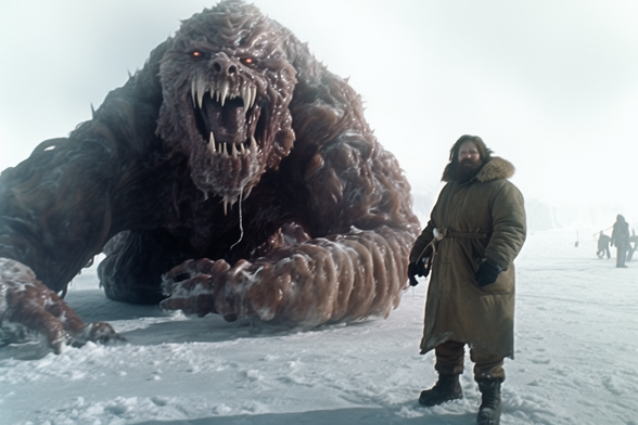 A man in a heavy parka with a slavering beast, in an icy landscape