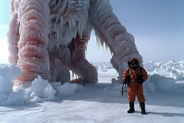 A man in a heavy parka with a huge beast, in an icy landscape