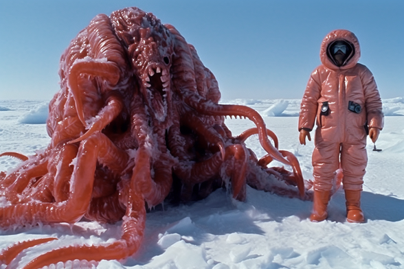 A man in a pink puffer jacket with a pink slavering beast, in an icy landscape
