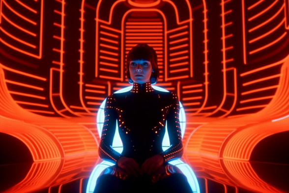 A Tron woman in a white Tron chair in a red Tron room
