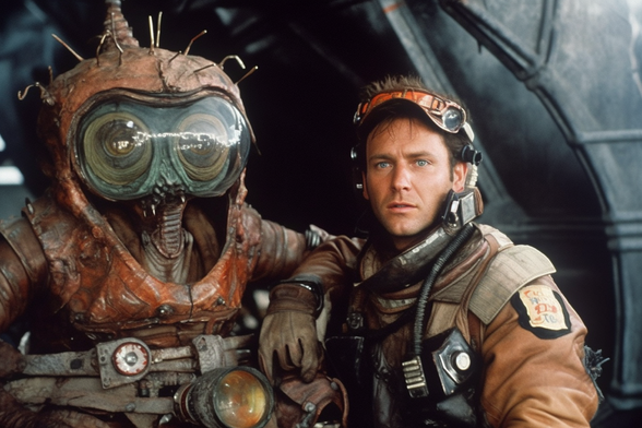 A space pilot posing with his human co-pilot