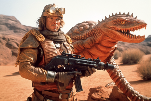 A mercenary holding a rifle, next to his dragon ally