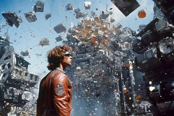 A man in a leather jacket watches as a storm of metal explodes all around him