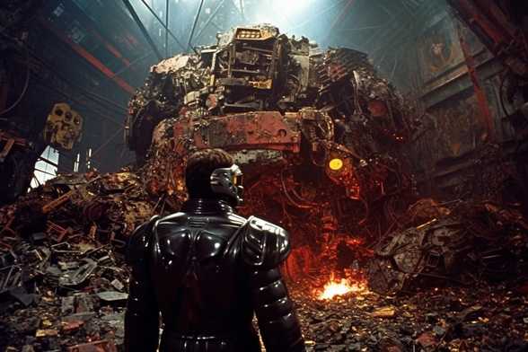 A man in leather armour in front of a crumbling mecha