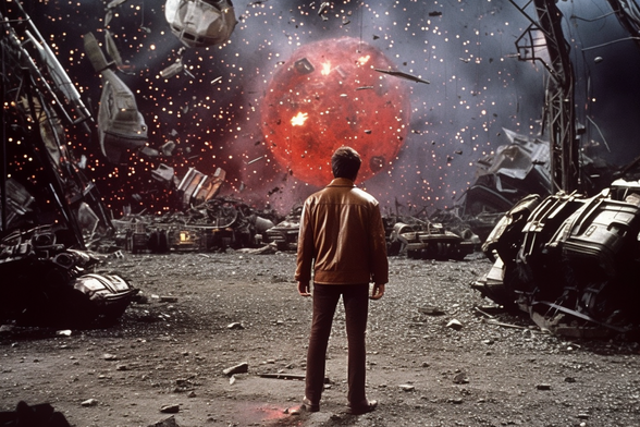 A man in a brown leather kacket in front of a storm of metal and a hovering red sphere