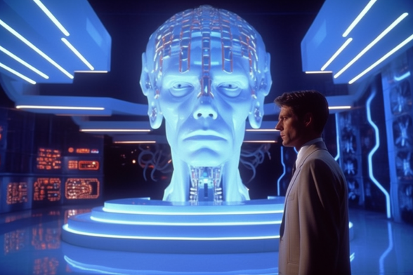A man looks around a futuristic science lab with a huge model of a human head in the middle