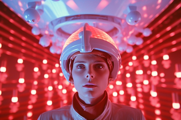 A woman in a glowing helmet in some kind of scanning machine
