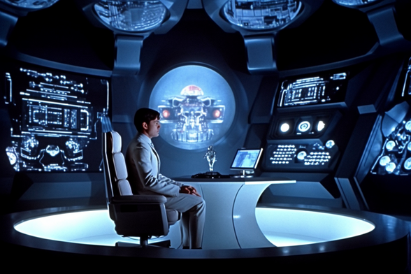 A man sits at a futuristic computer terminal