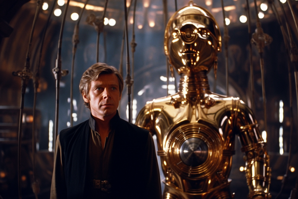 A man dressed in black (no not that one) with a golden droid (not that one either)