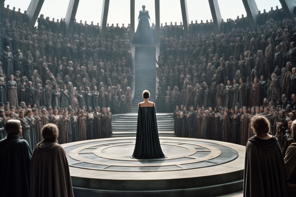 A woman in a long gown stands in a circular auditorium receiving the applause of the many people present