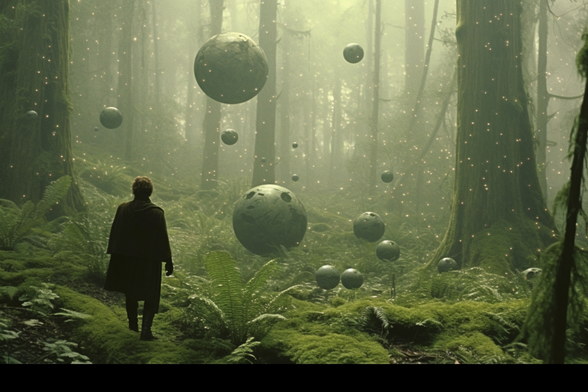 A person in black in a green forest filled with different floating balls of various sizes