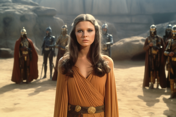 A determined young woman stands in a sandy arena with various armoured guards standing behind her
