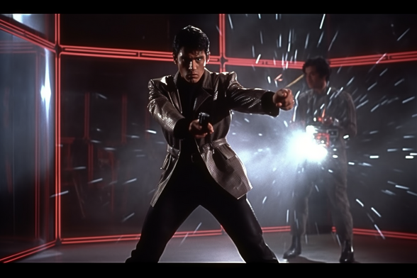 A man doing a martial arts punch and holding a pistol as another man explodes behind him