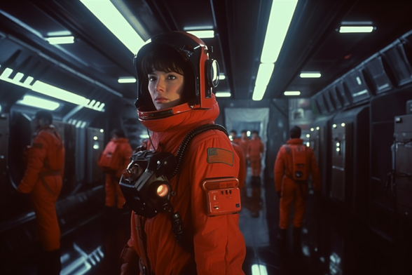 A woman in a red spacesuit in a space locker room