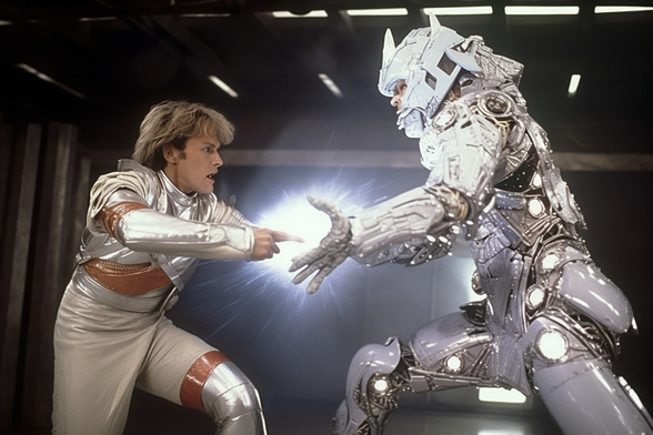 A cyborg samurai and a man in silver clothing are fighting and where they are about to touch there’s an explosion of light