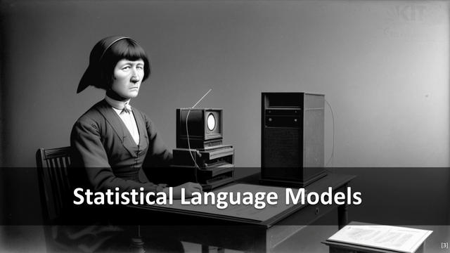 Stable Diffision's idea of an n-gram language model. The prompt was: "Create a historic photograph of an N-gram language model. An N-gram is an N-Token of words. In an N-gram model, the last word wn depends only on the previous n-1 words (w1,...wn-1) (Markov assumption) and thus, the last word wn will be computed from the previous n-1 words (w1,...wn-1)."

